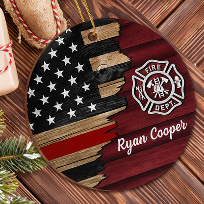 Fire Dept. Custom Wood Ornament Featuring American Flag And Emblem