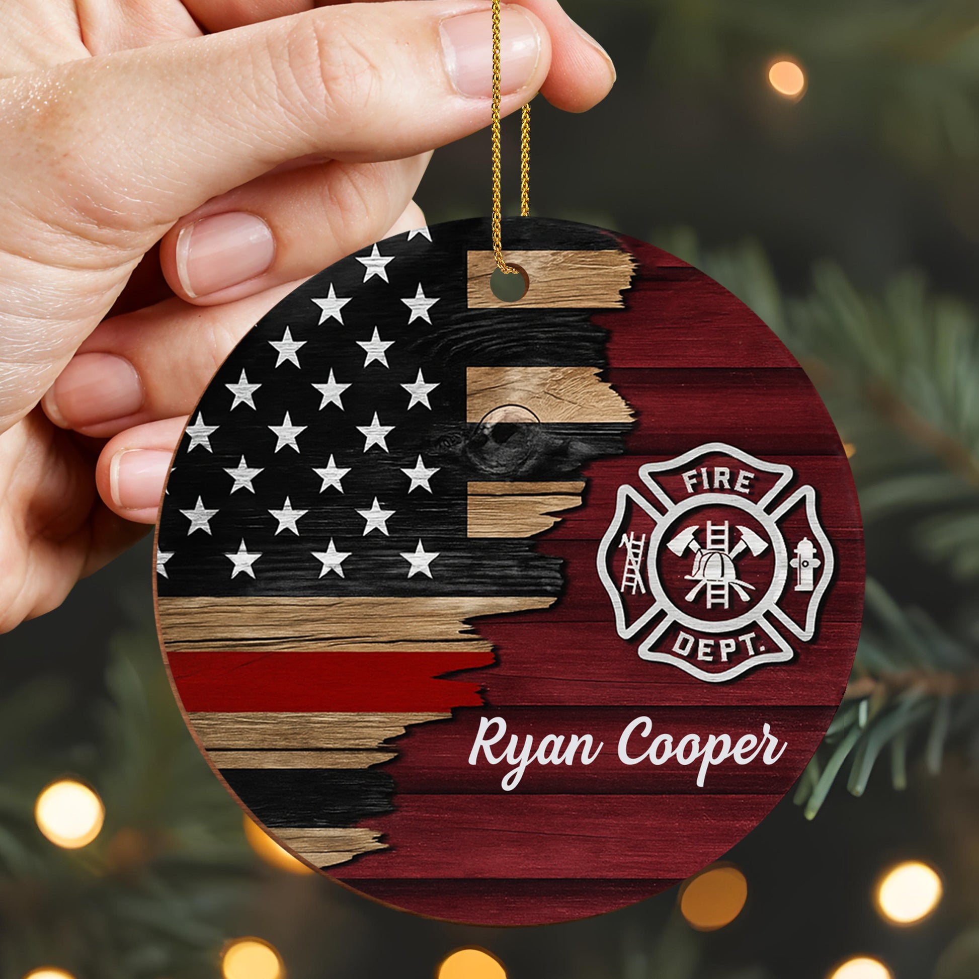 Fire Dept. Custom Wood Ornament Featuring American Flag And Emblem