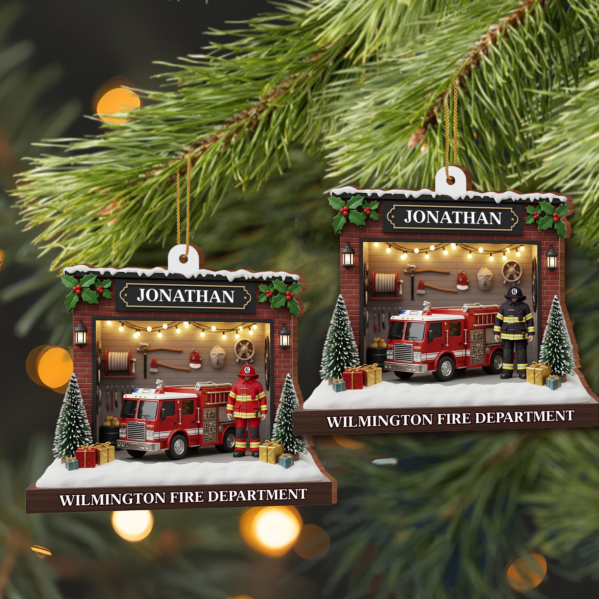 Celebrate The Heroic Spirit, Fire Truck And Firefighter Ornament