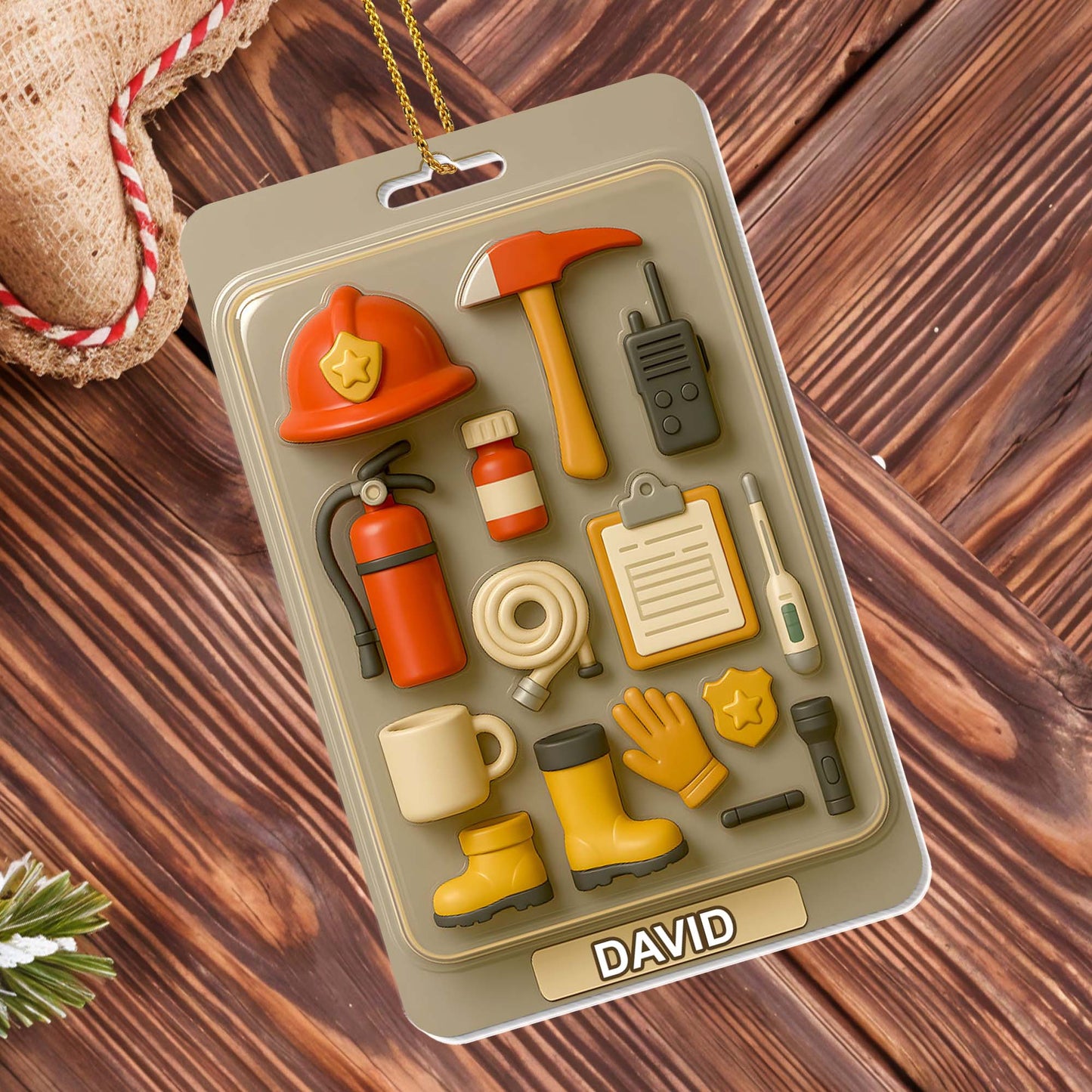 Customizable Firefighter Themed Ornament With Tools and Equipment