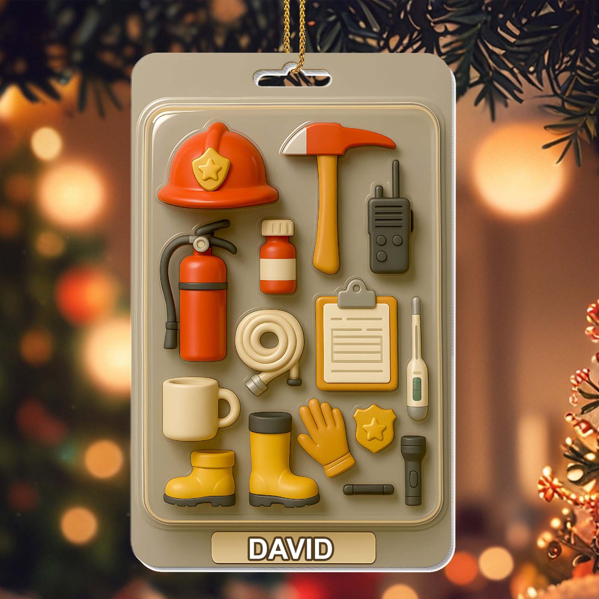Customizable Firefighter Themed Ornament With Tools and Equipment