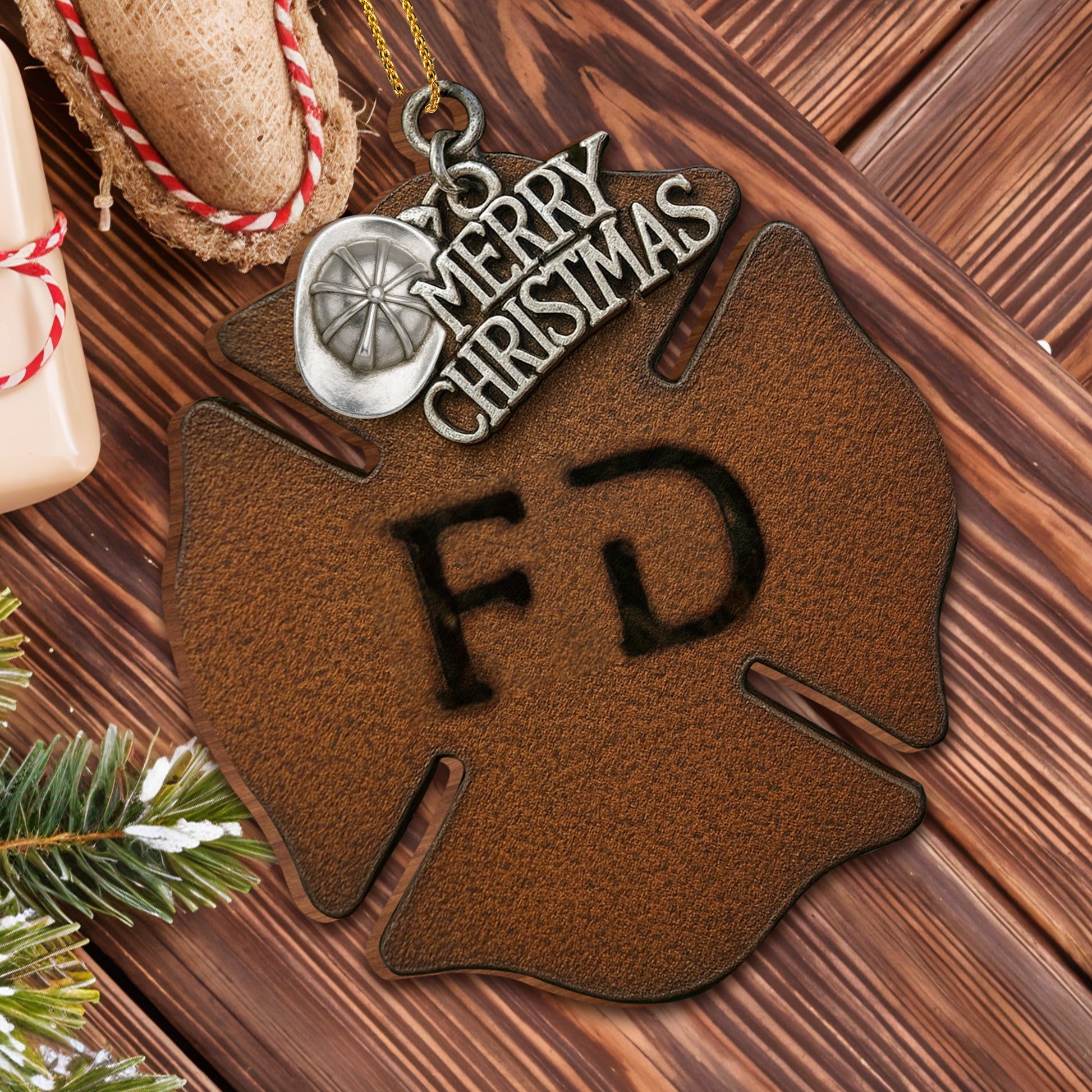 Merry Christmas Firefighter Helmet and Badge Ornament