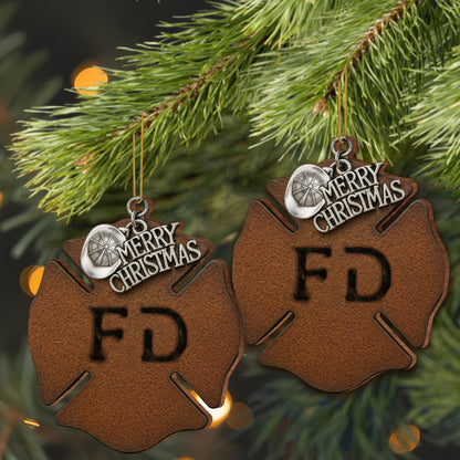 Merry Christmas Firefighter Helmet and Badge Ornament