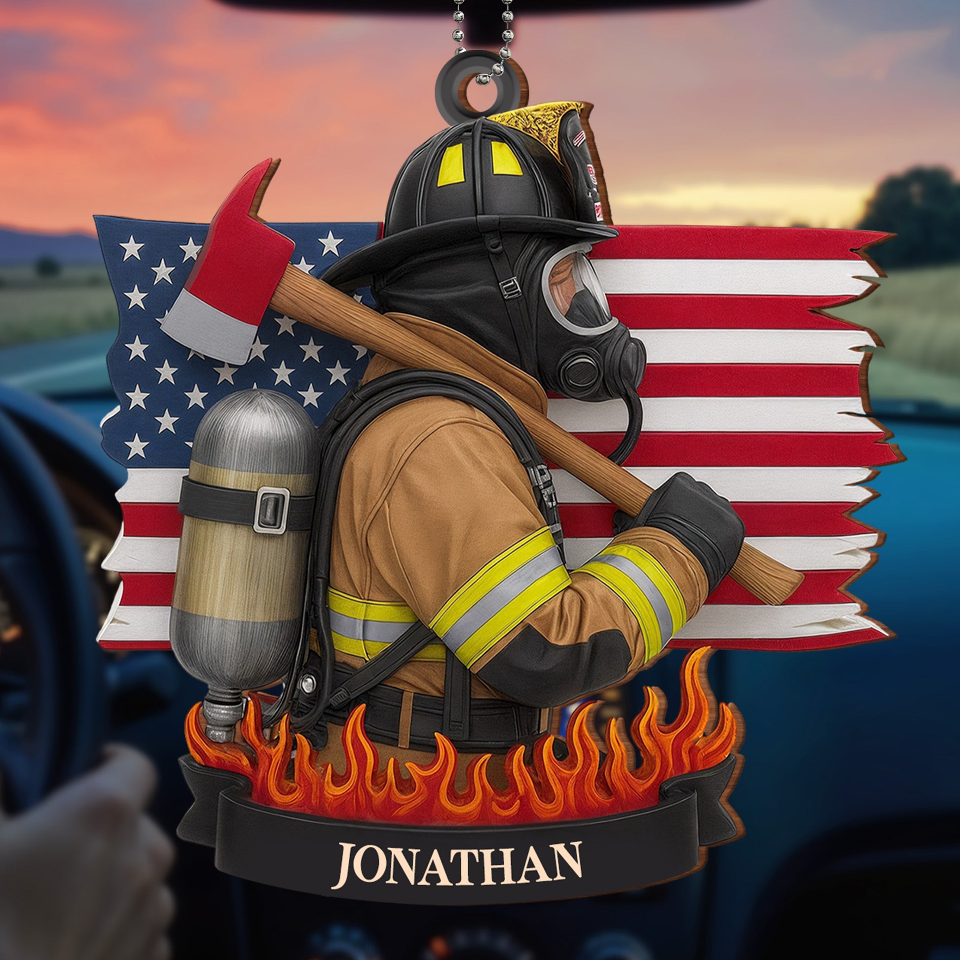 Brave Firefighter With American Flag And Fire Axe