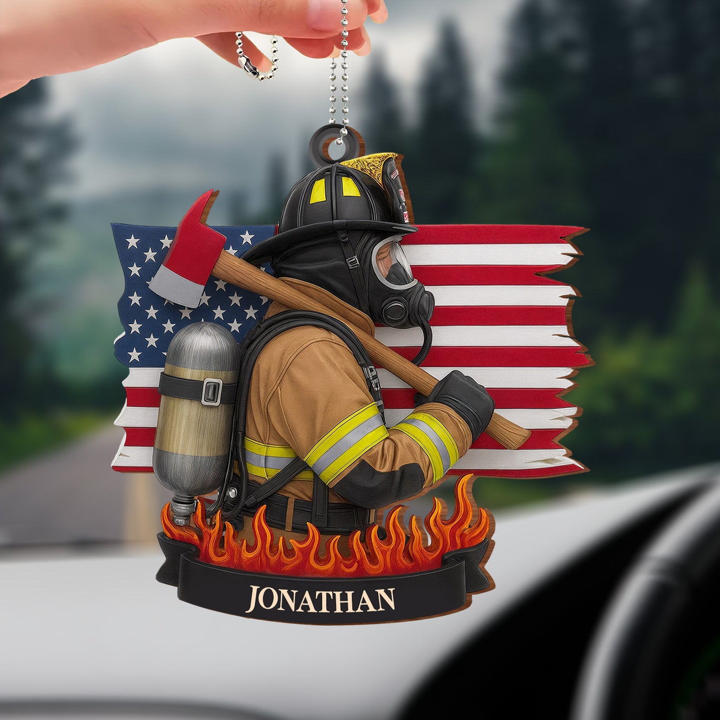Brave Firefighter With American Flag And Fire Axe