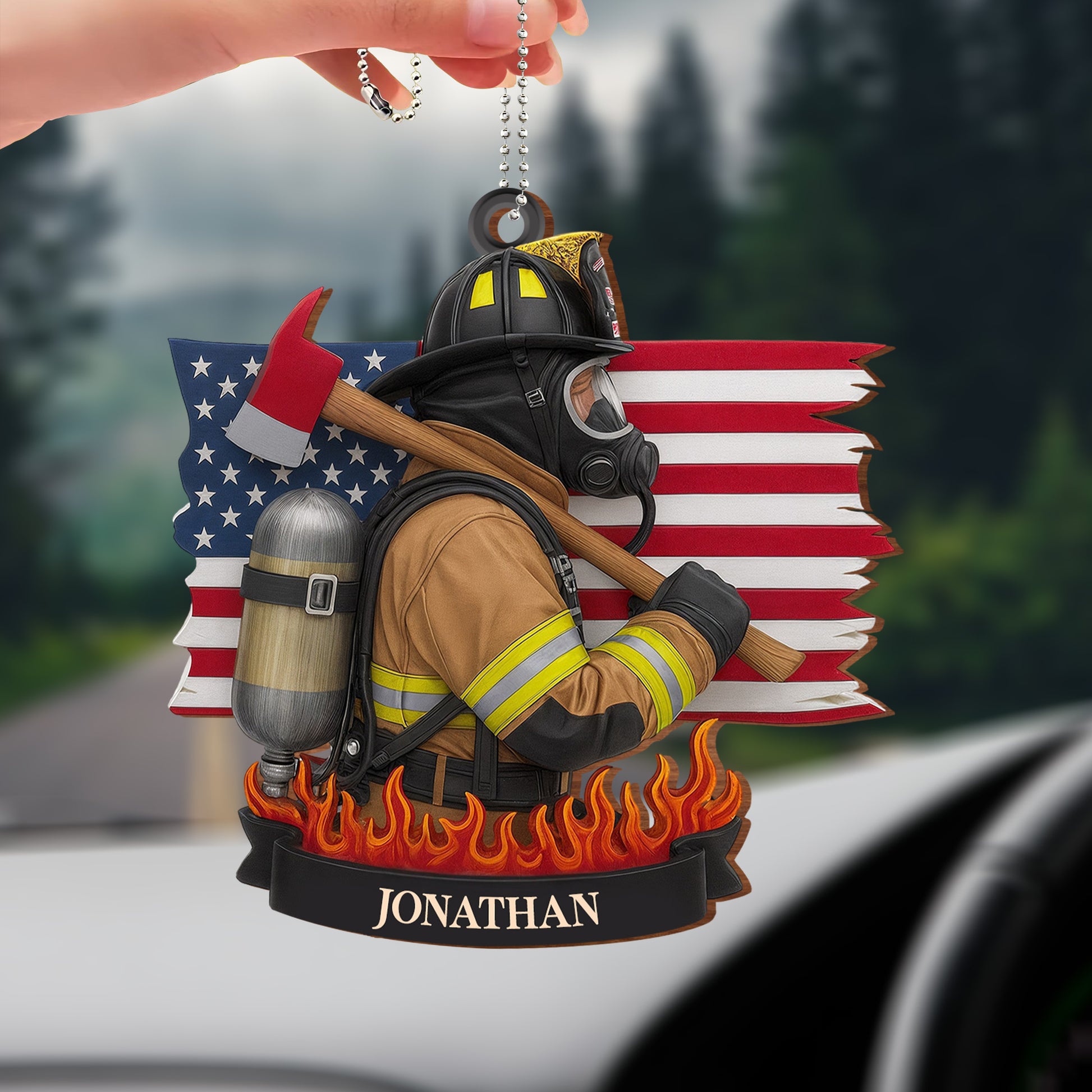 Brave Firefighter With American Flag And Fire Axe