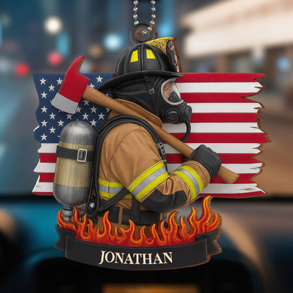 Brave Firefighter With American Flag And Fire Axe