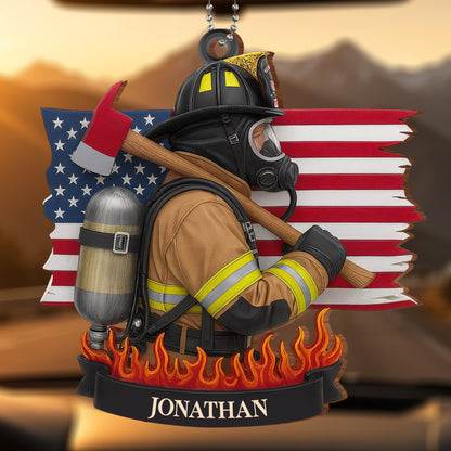 Brave Firefighter With American Flag And Fire Axe