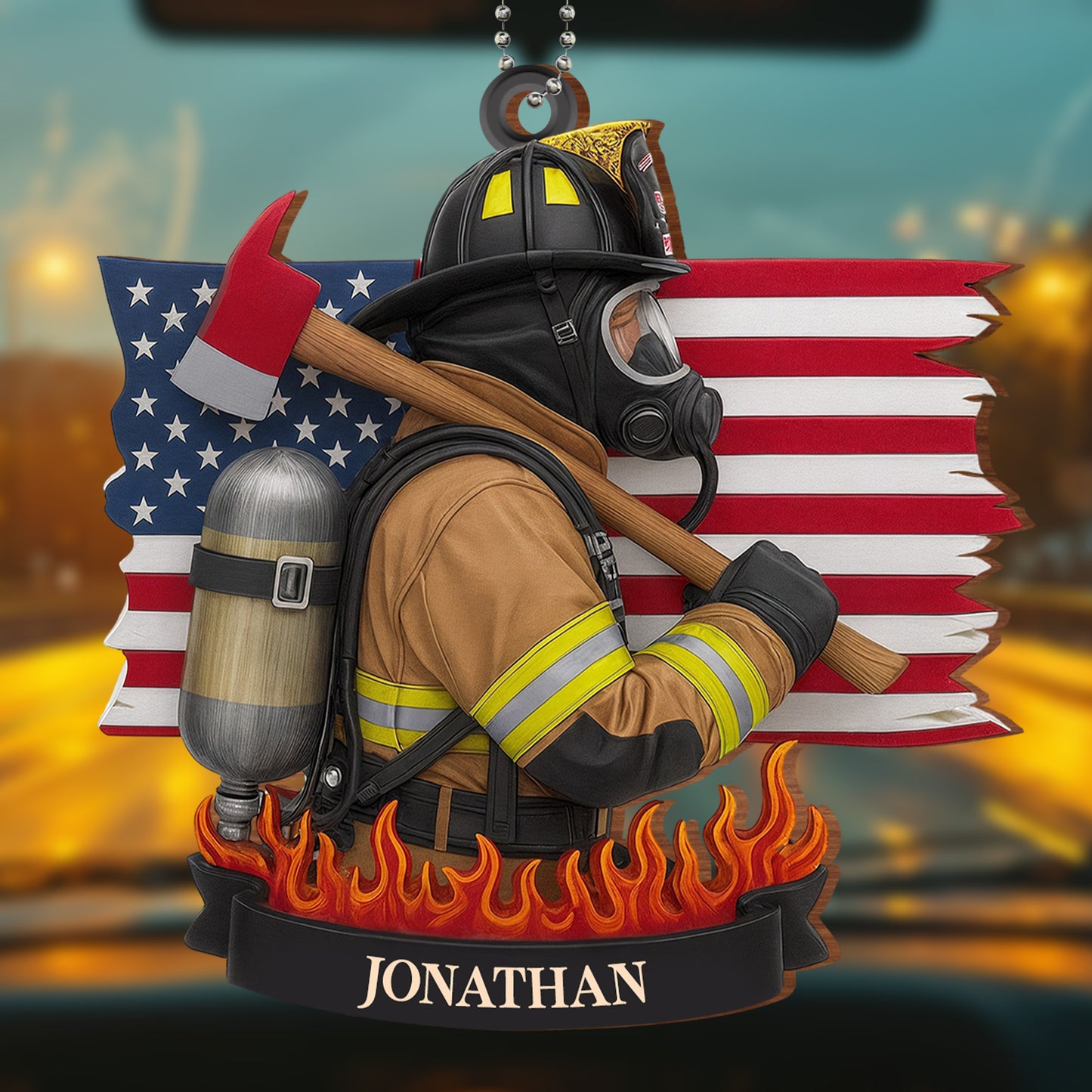 Brave Firefighter With American Flag And Fire Axe