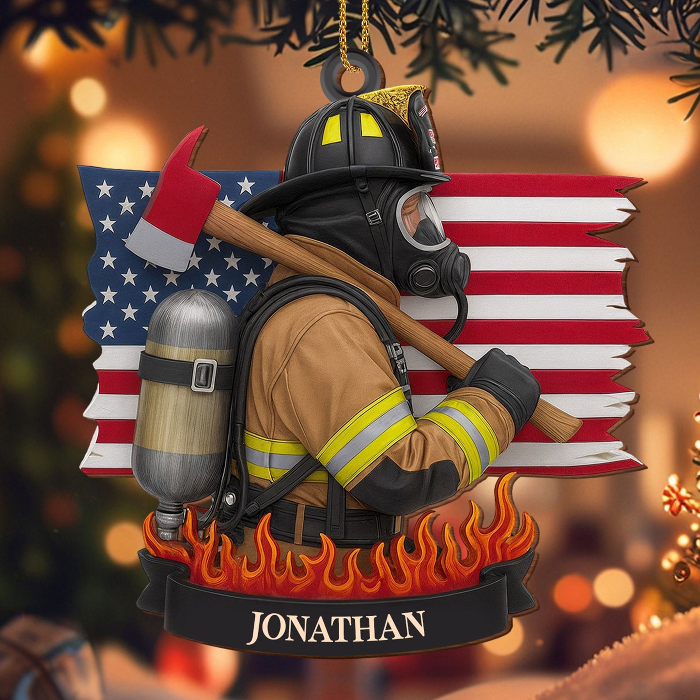 Customizable Firefighter Ornament With Patriotic Theme