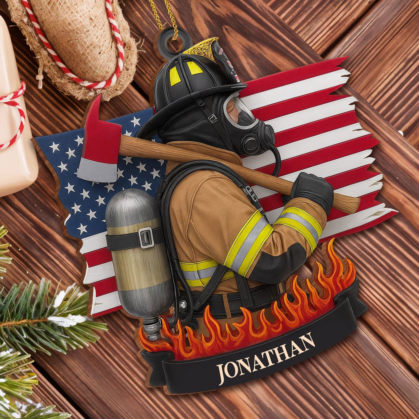Customizable Firefighter Ornament With Patriotic Theme