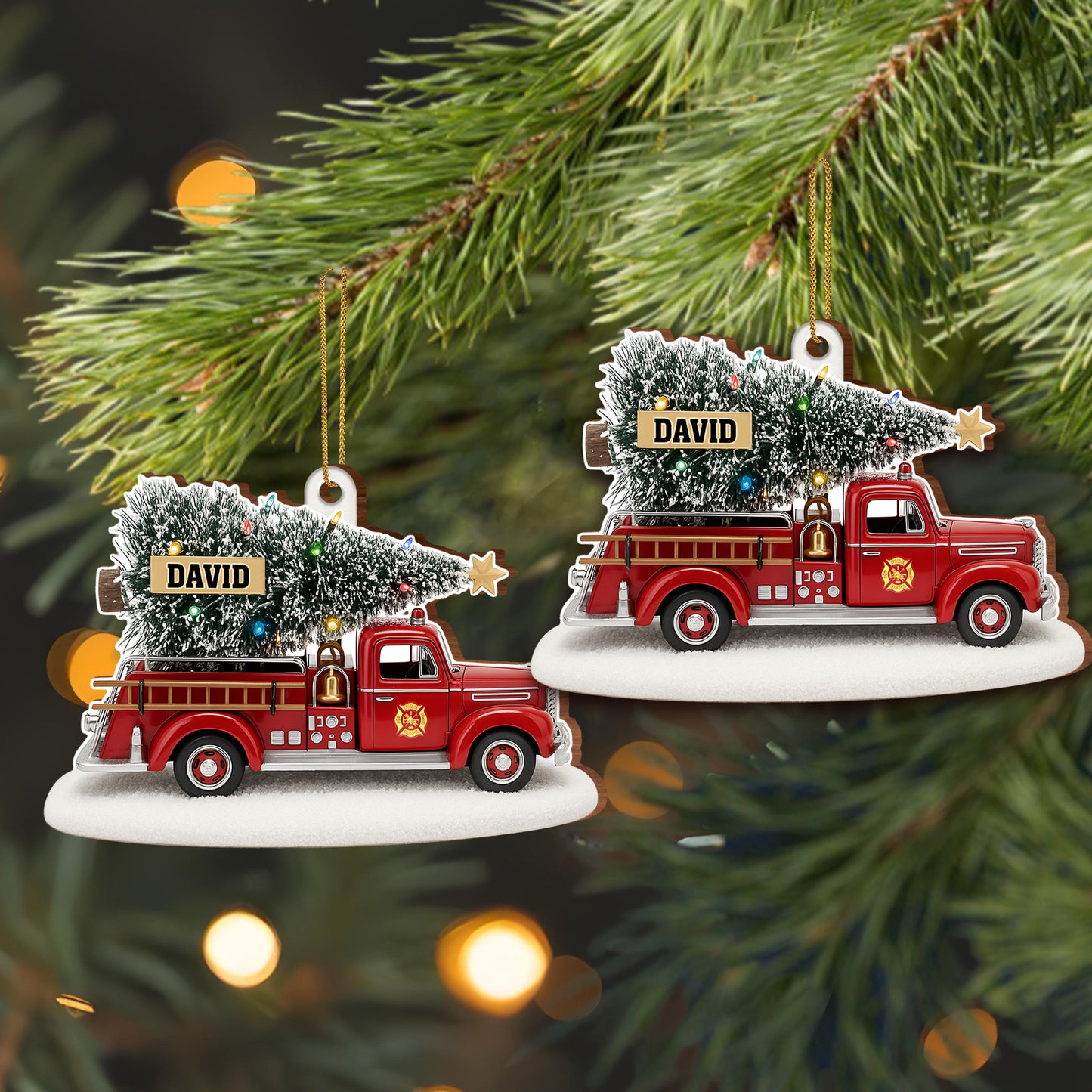 Festive Fire Truck With Christmas Tree Wood Ornament