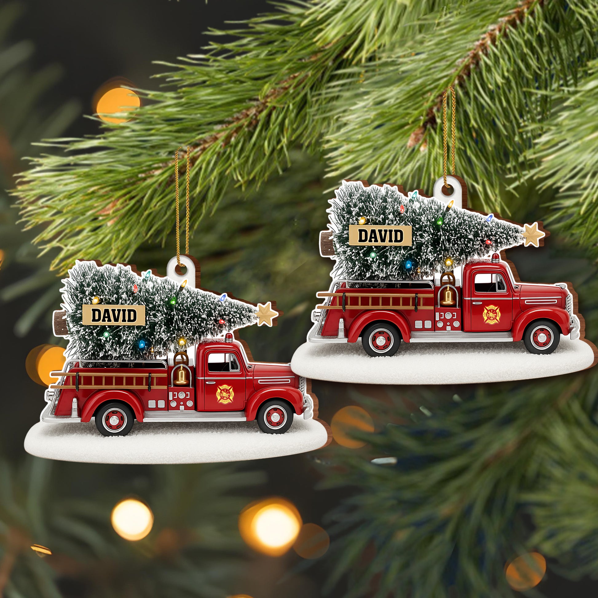 Festive Fire Truck With Christmas Tree Wood Ornament