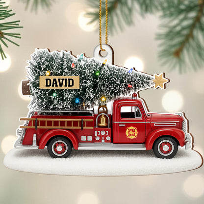 Festive Fire Truck With Christmas Tree Wood Ornament