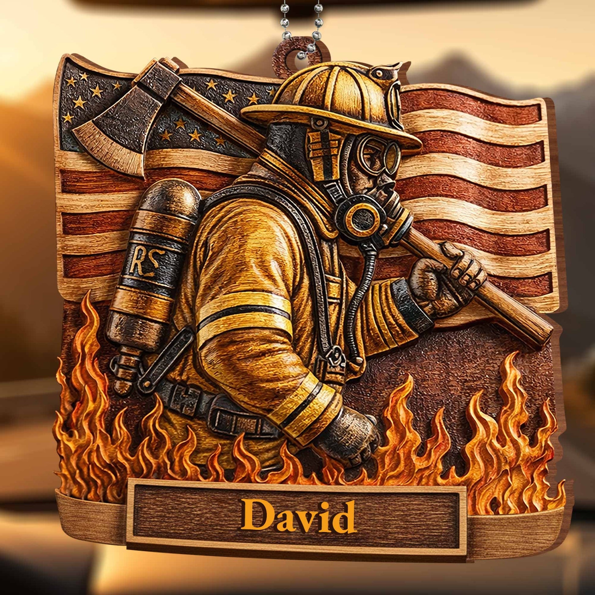 Brave Firefighter With American Flag And Vivid Flames