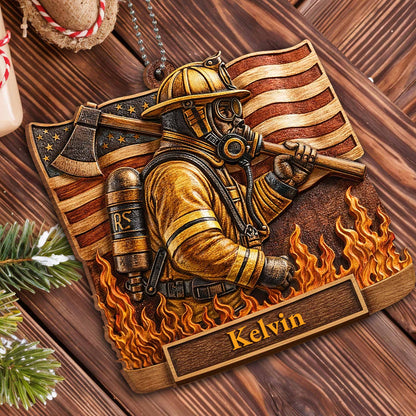 Brave Firefighter With American Flag And Vivid Flames