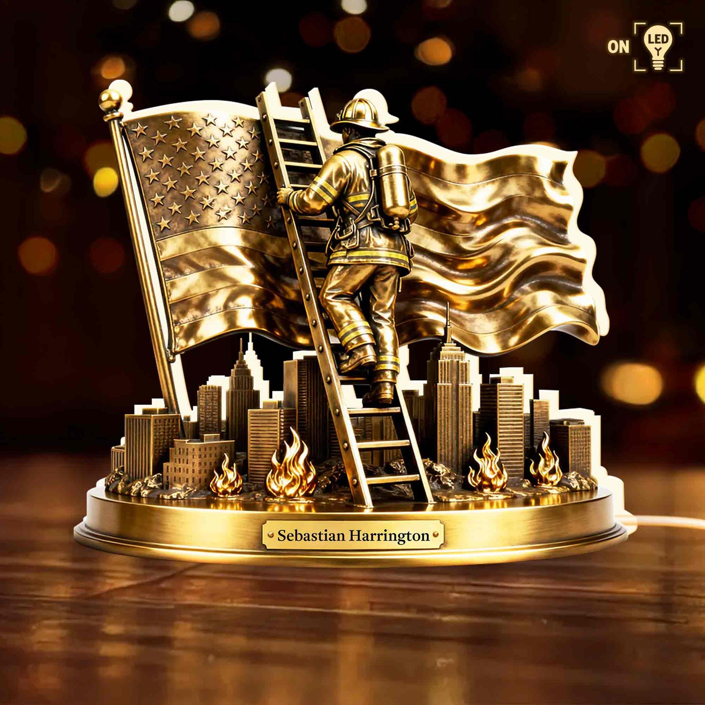 A Hero's Courage Shines Bright Firefighter Climbing Ladder With American Flag