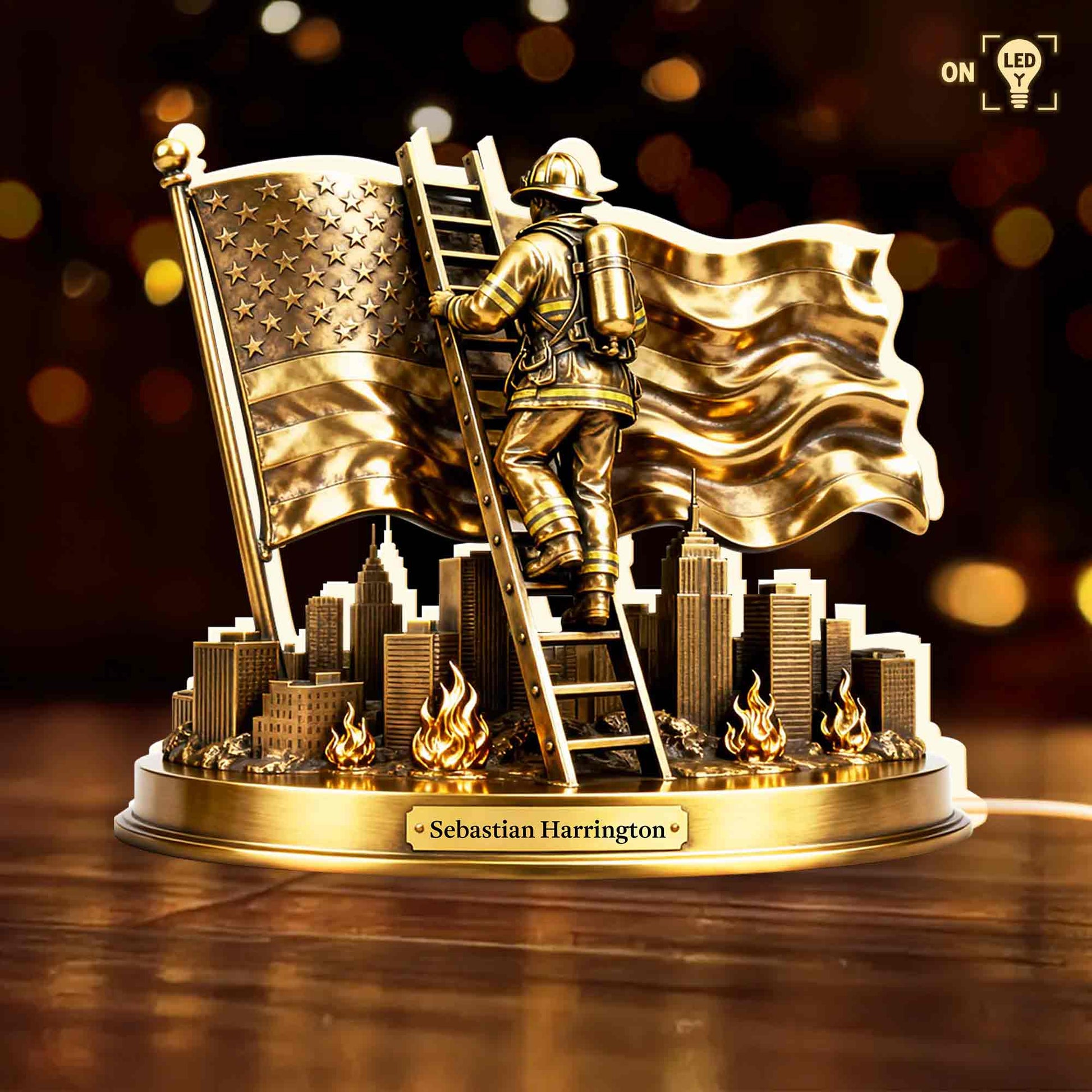 A Hero's Courage Shines Bright Firefighter Climbing Ladder With American Flag