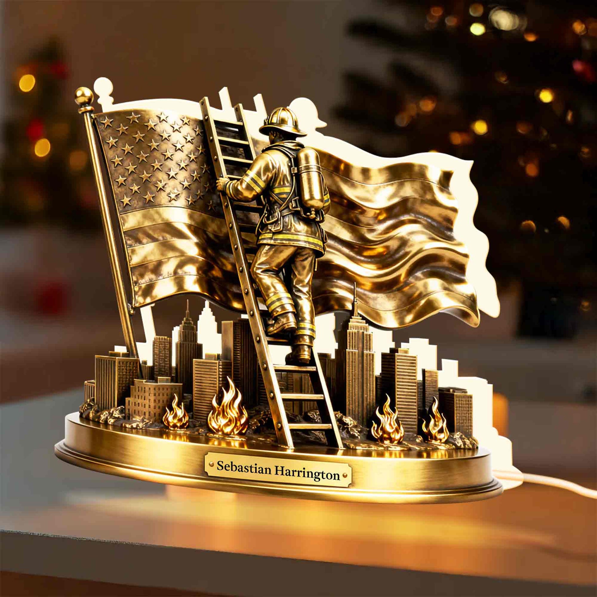 A Hero's Courage Shines Bright Firefighter Climbing Ladder With American Flag