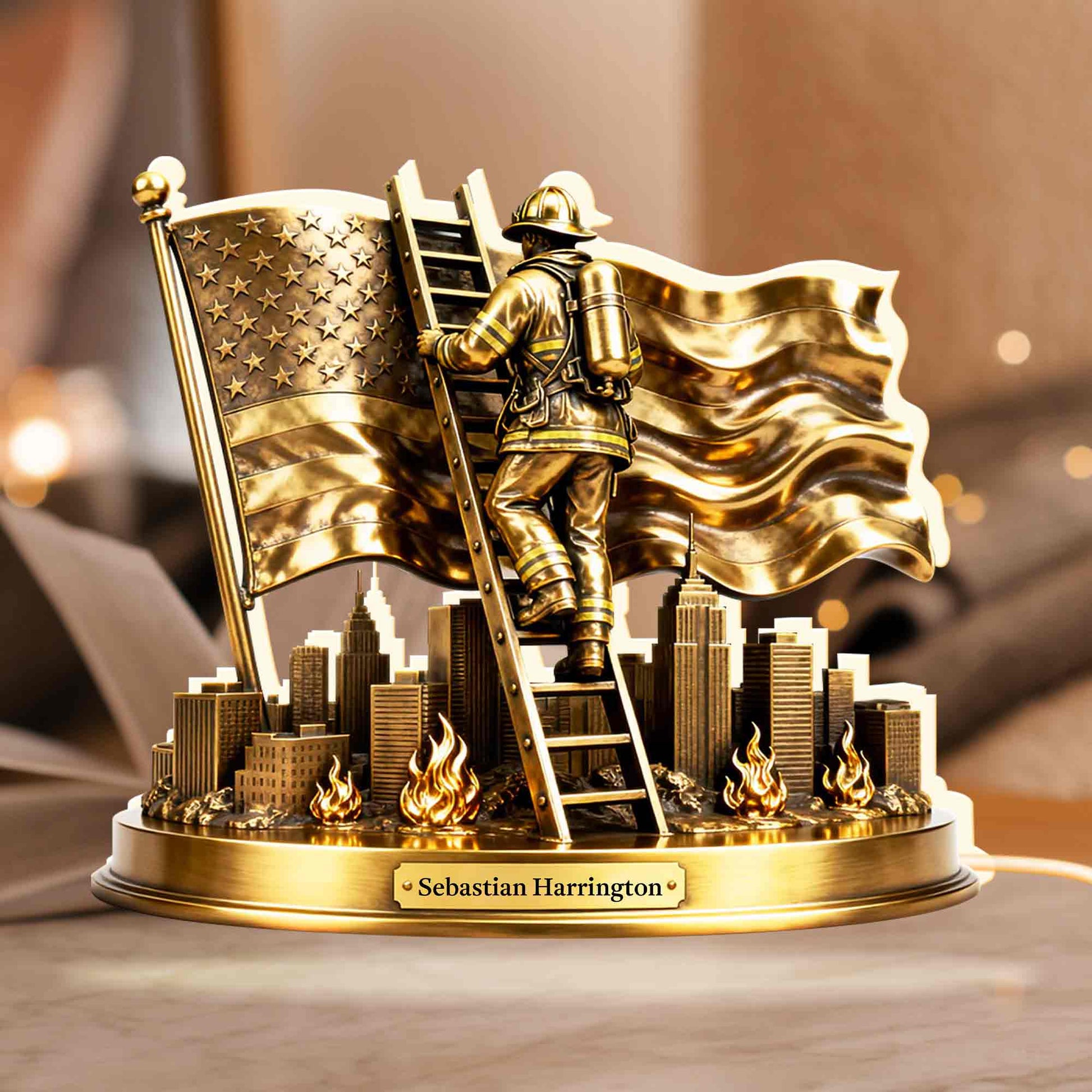 A Hero's Courage Shines Bright Firefighter Climbing Ladder With American Flag