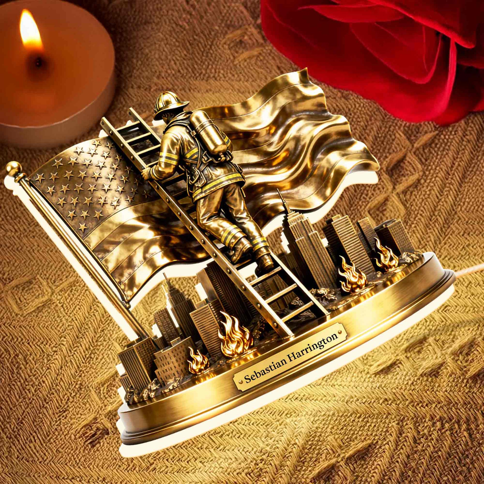 A Hero's Courage Shines Bright Firefighter Climbing Ladder With American Flag