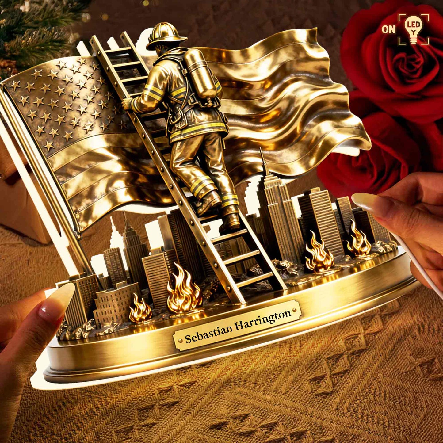 A Hero's Courage Shines Bright Firefighter Climbing Ladder With American Flag