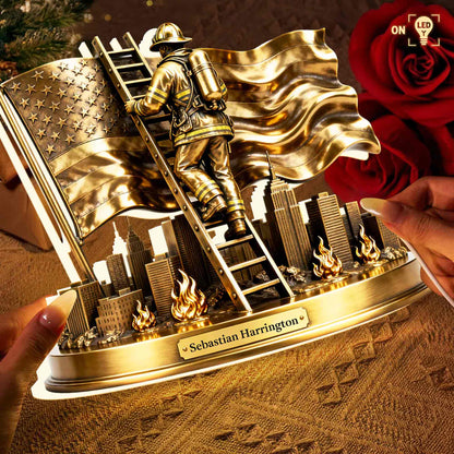 A Hero's Courage Shines Bright Firefighter Climbing Ladder With American Flag