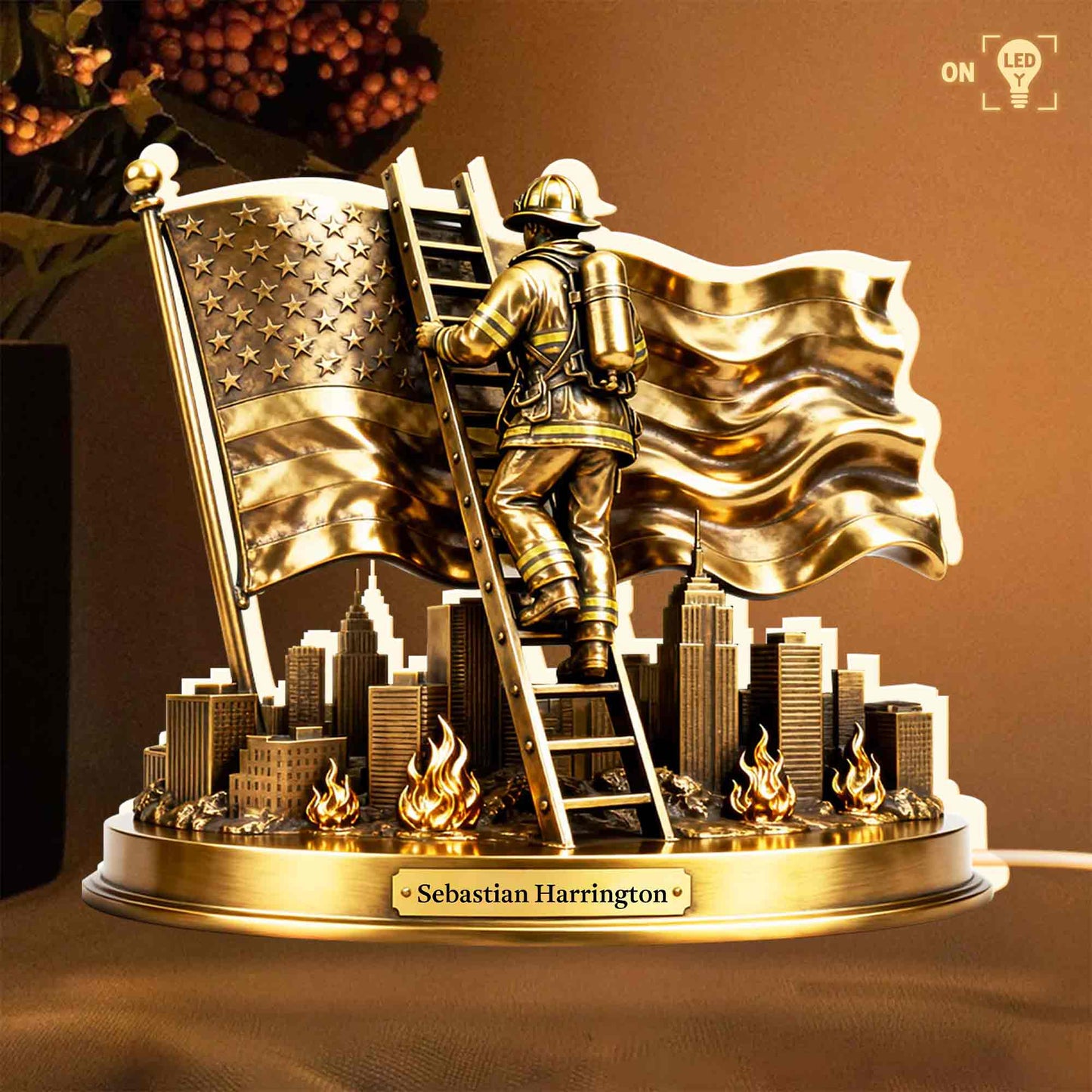 A Hero's Courage Shines Bright Firefighter Climbing Ladder With American Flag