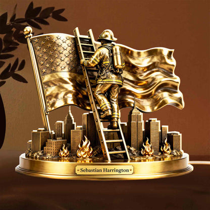 A Hero's Courage Shines Bright Firefighter Climbing Ladder With American Flag