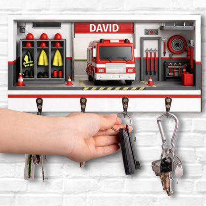 Customizable Firefighter-Themed Fire Truck And Gear - Personalized Key Holder - FIF050_KHO