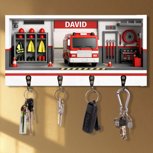 Customizable Firefighter-Themed Fire Truck And Gear - Personalized Key Holder - FIF050_KHO