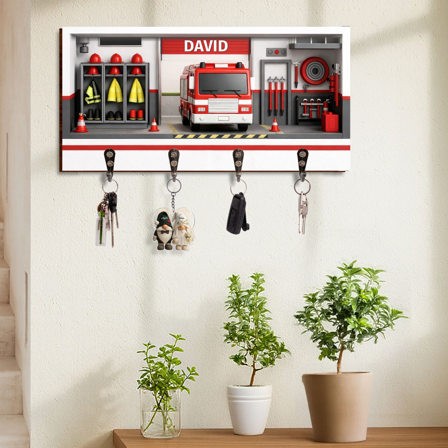 Customizable Firefighter-Themed Fire Truck And Gear - Personalized Key Holder - FIF050_KHO