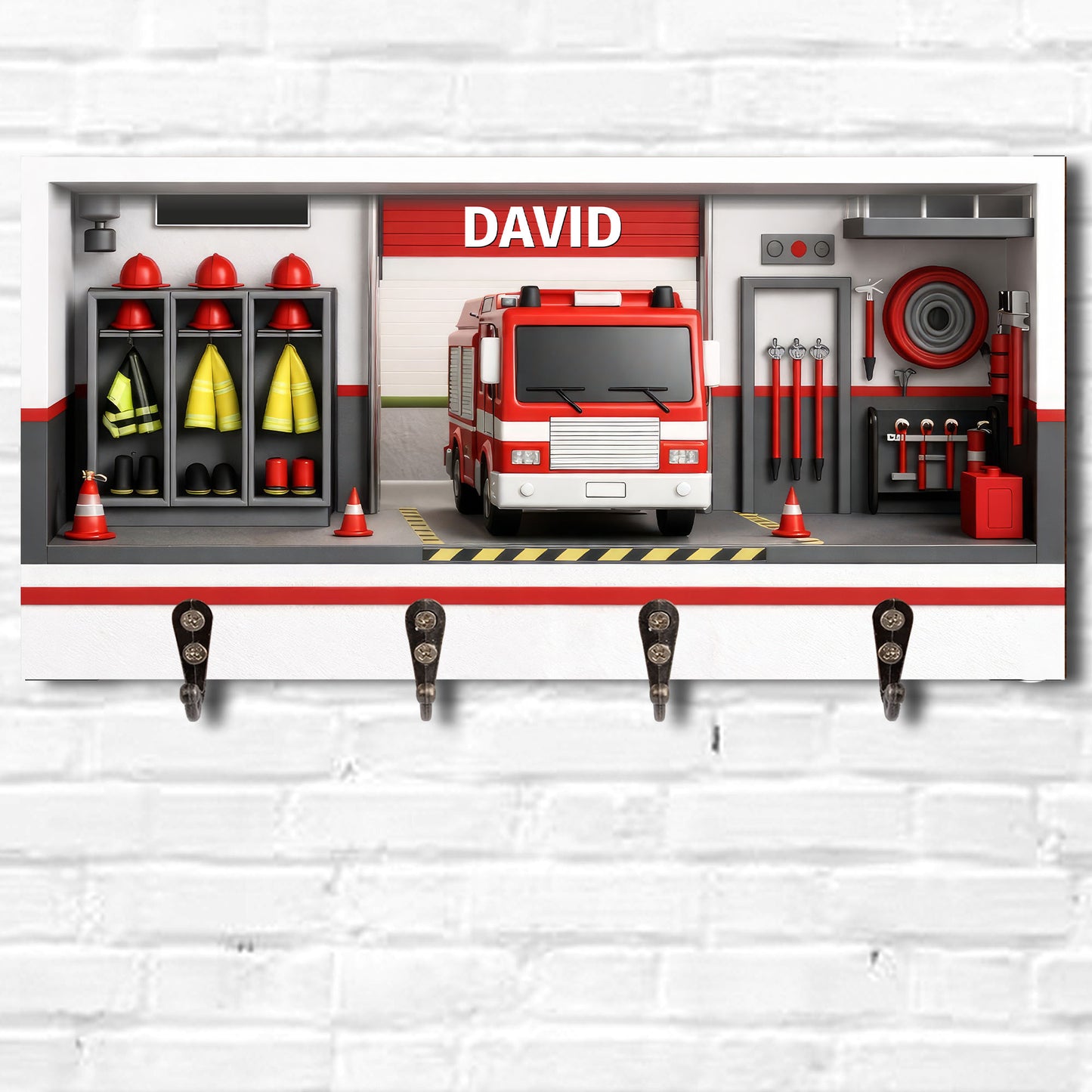 Customizable Firefighter-Themed Fire Truck And Gear - Personalized Key Holder - FIF050_KHO