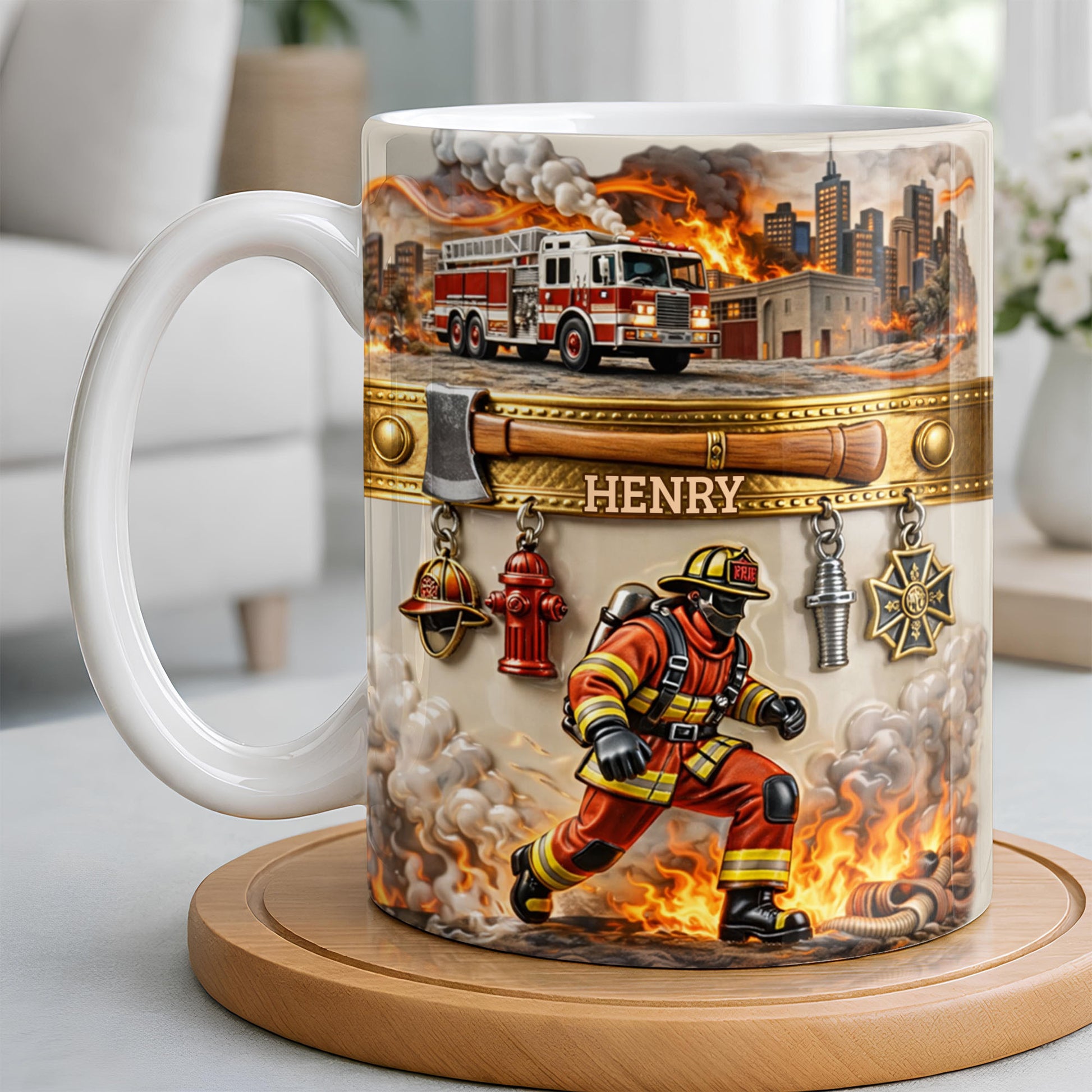 Heroic Firefighter Scene Personalized Coffee Mug