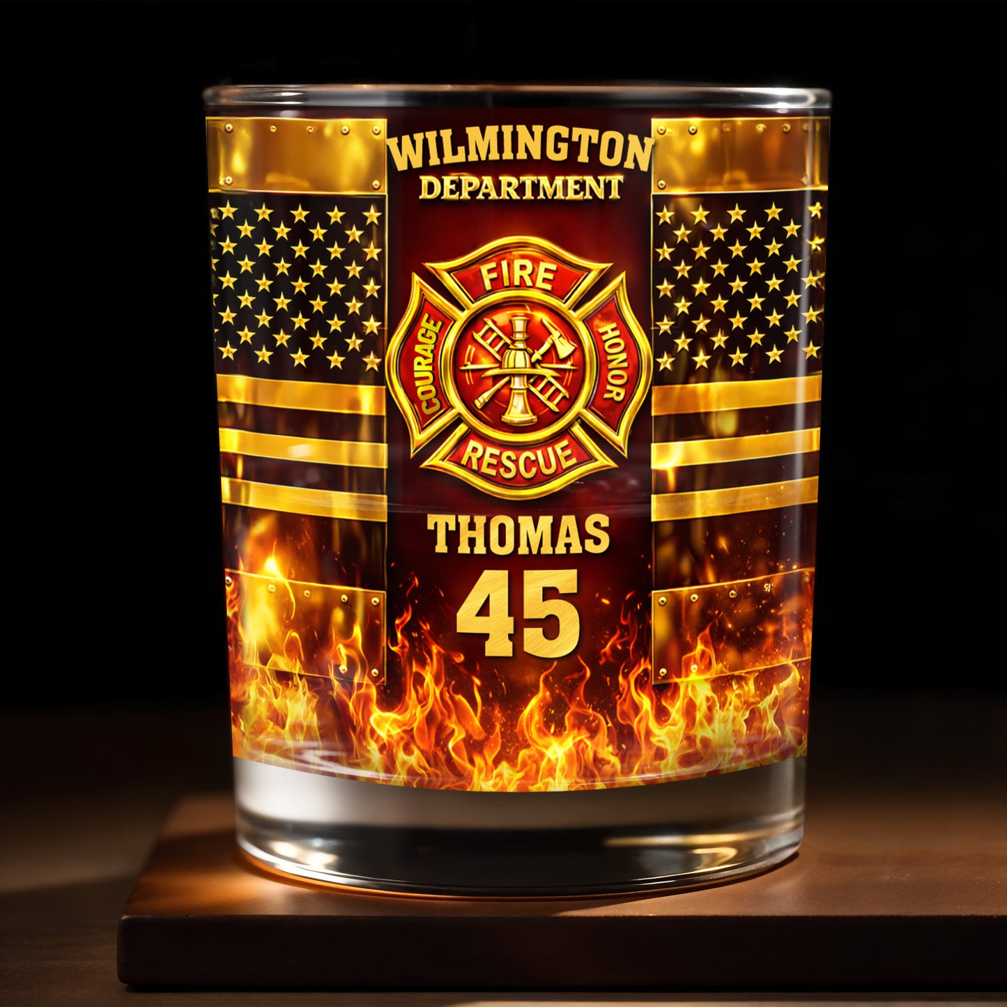 Fire Department Courage Honor Rescue Firefighter Badge And American Flag Stars - Personalized Custom Whiskey Glass - FIF053_RWG