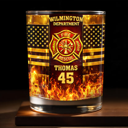 Fire Department Courage Honor Rescue Firefighter Badge And American Flag Stars - Personalized Custom Whiskey Glass - FIF053_RWG