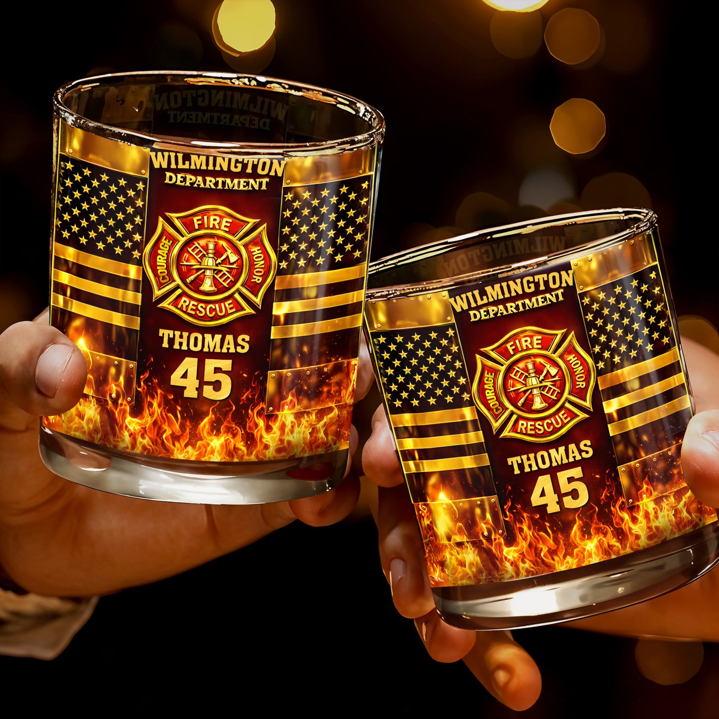 Fire Department Courage Honor Rescue Firefighter Badge And American Flag Stars - Personalized Custom Whiskey Glass - FIF053_RWG