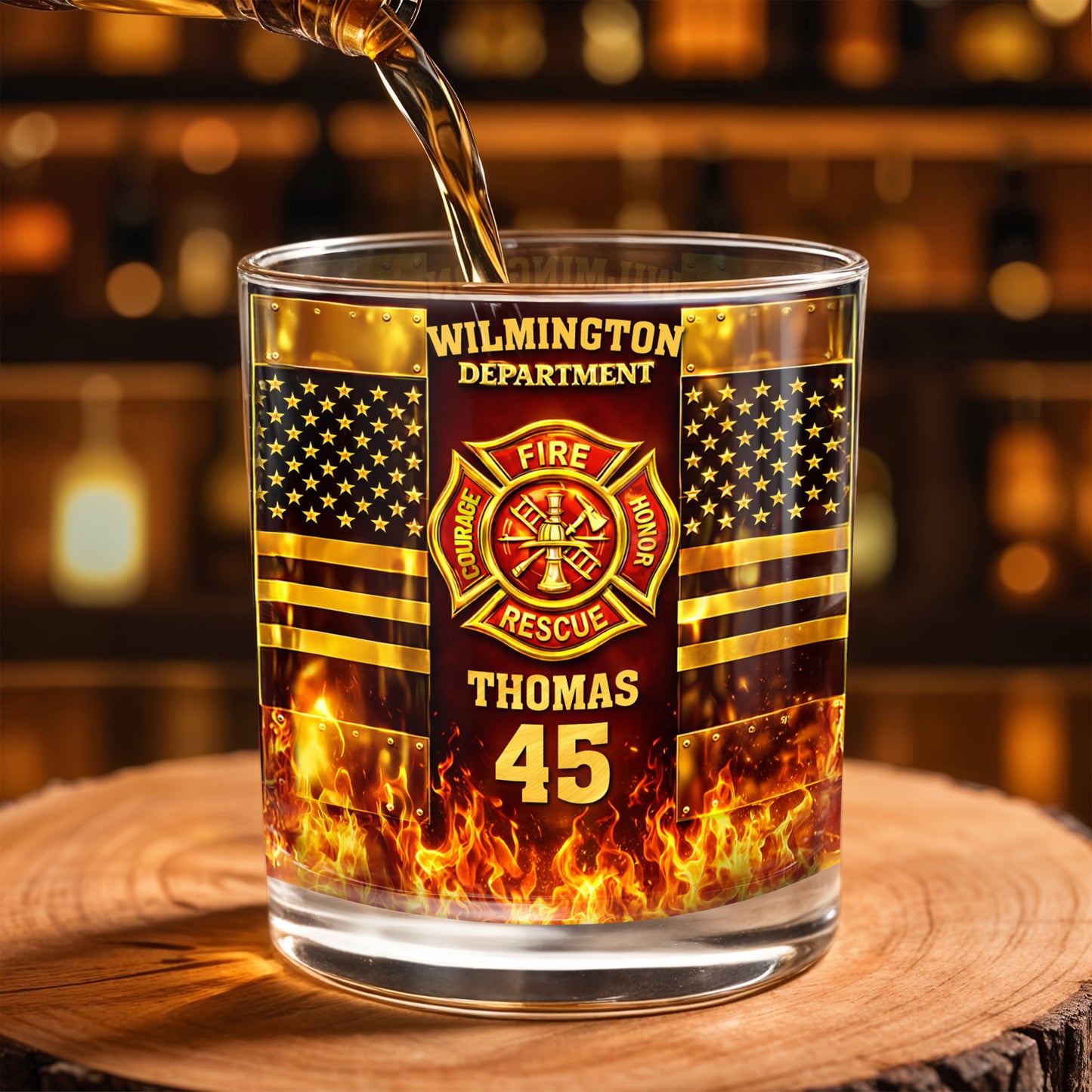 Fire Department Courage Honor Rescue Firefighter Badge And American Flag Stars - Personalized Custom Whiskey Glass - FIF053_RWG