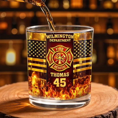 Fire Department Courage Honor Rescue Firefighter Badge And American Flag Stars - Personalized Custom Whiskey Glass - FIF053_RWG