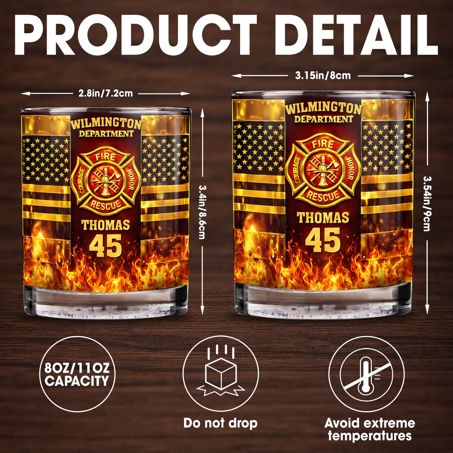 Fire Department Courage Honor Rescue Firefighter Badge And American Flag Stars - Personalized Custom Whiskey Glass - FIF053_RWG