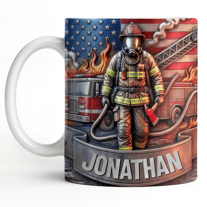 Customizable Firefighter With Fire Truck and American Flag