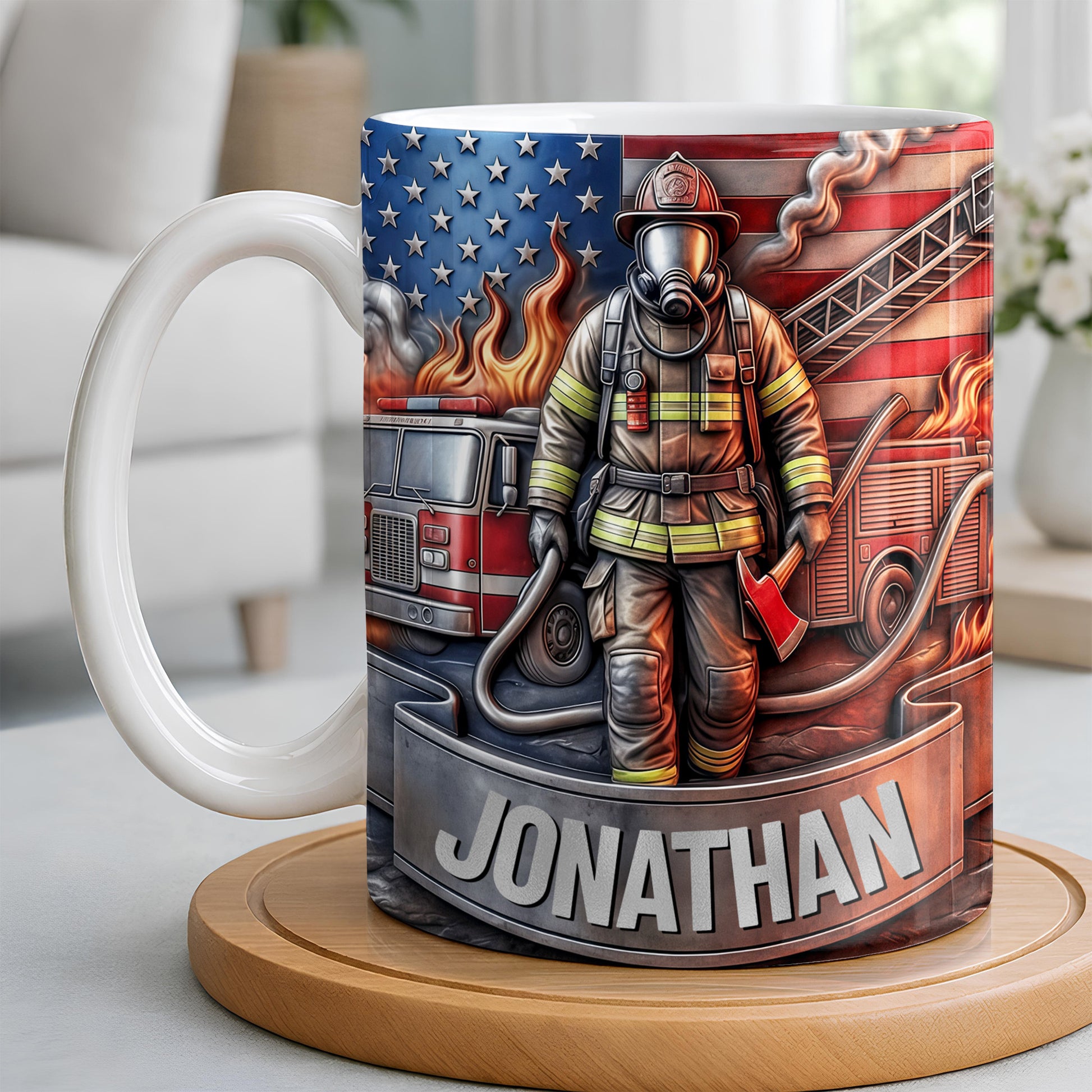 Customizable Firefighter With Fire Truck and American Flag