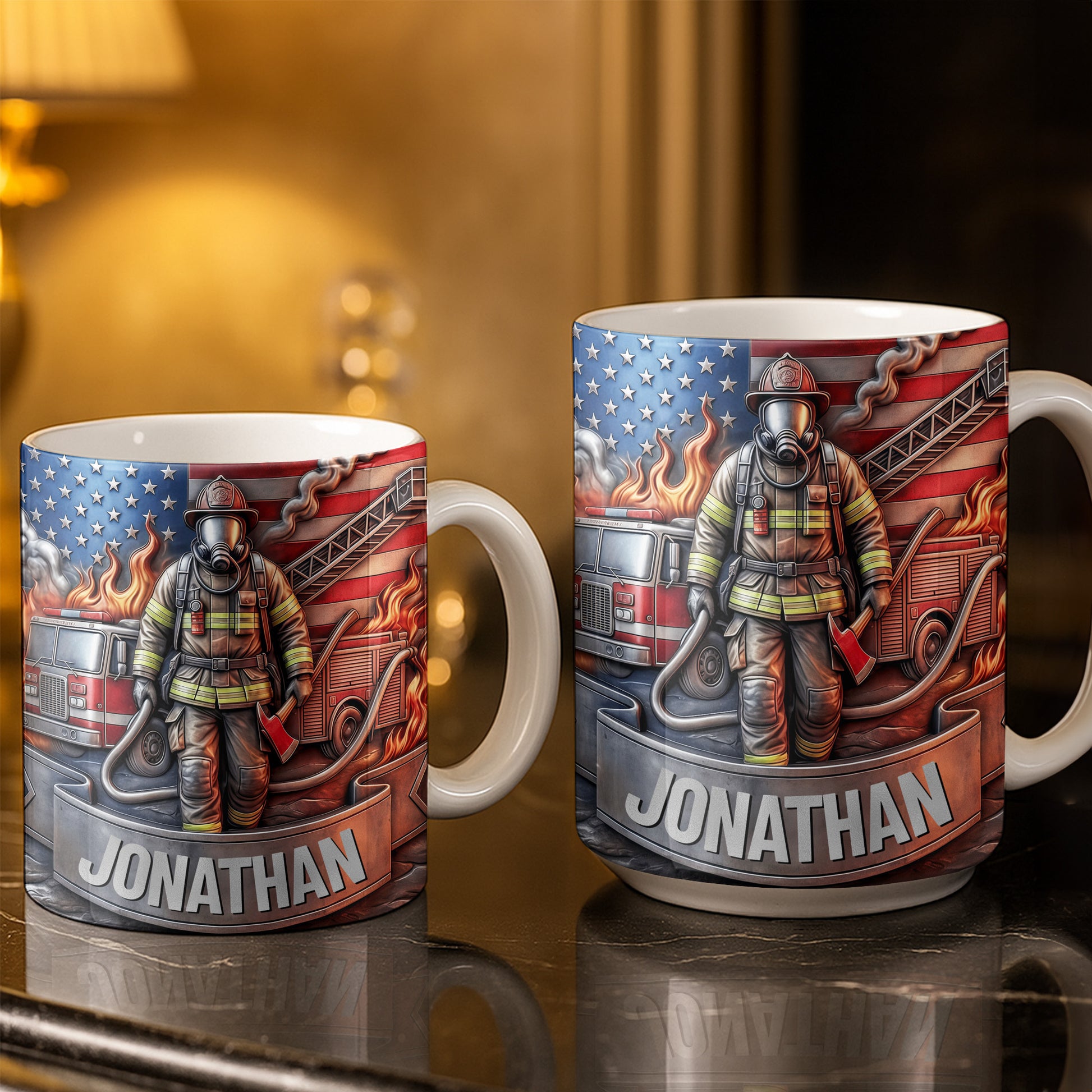 Customizable Firefighter With Fire Truck and American Flag