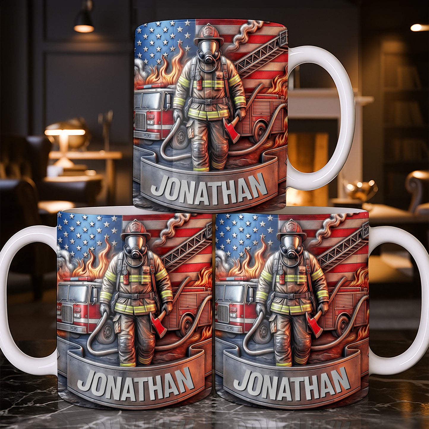 Customizable Firefighter With Fire Truck and American Flag