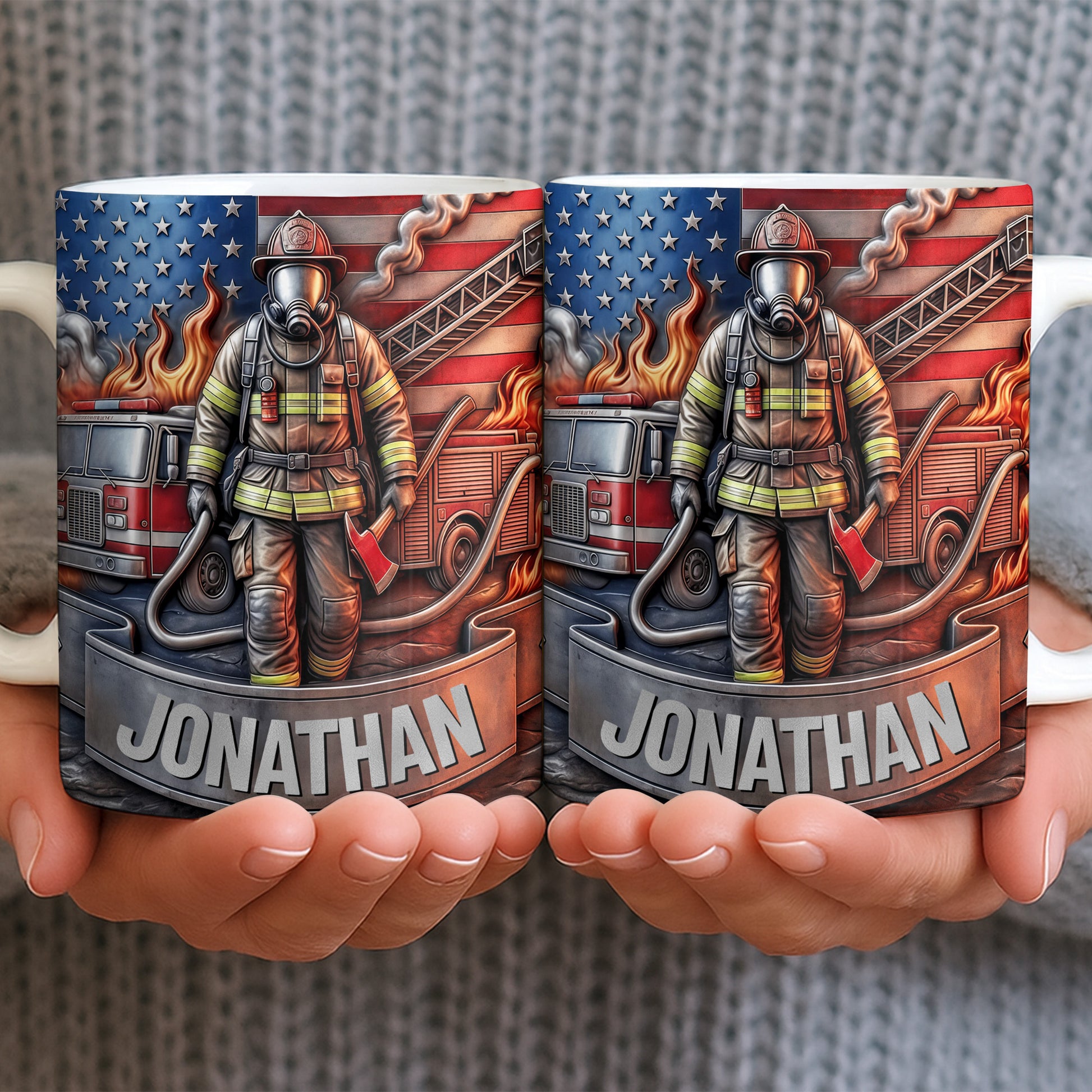 Customizable Firefighter With Fire Truck and American Flag