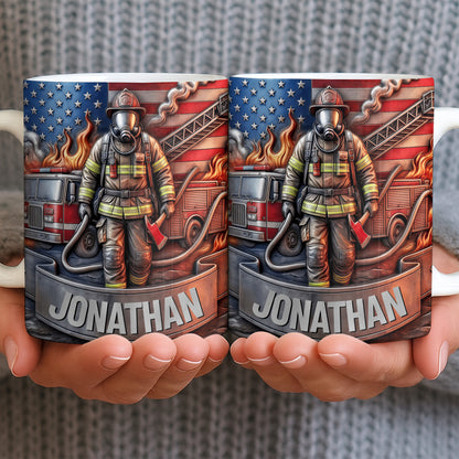 Customizable Firefighter With Fire Truck and American Flag