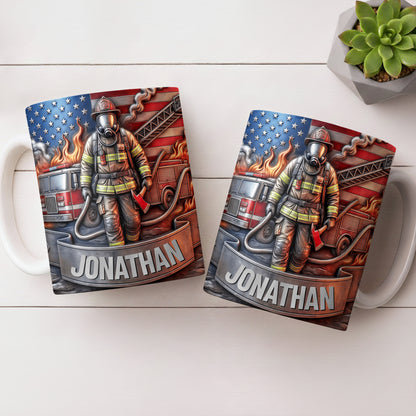 Customizable Firefighter With Fire Truck and American Flag