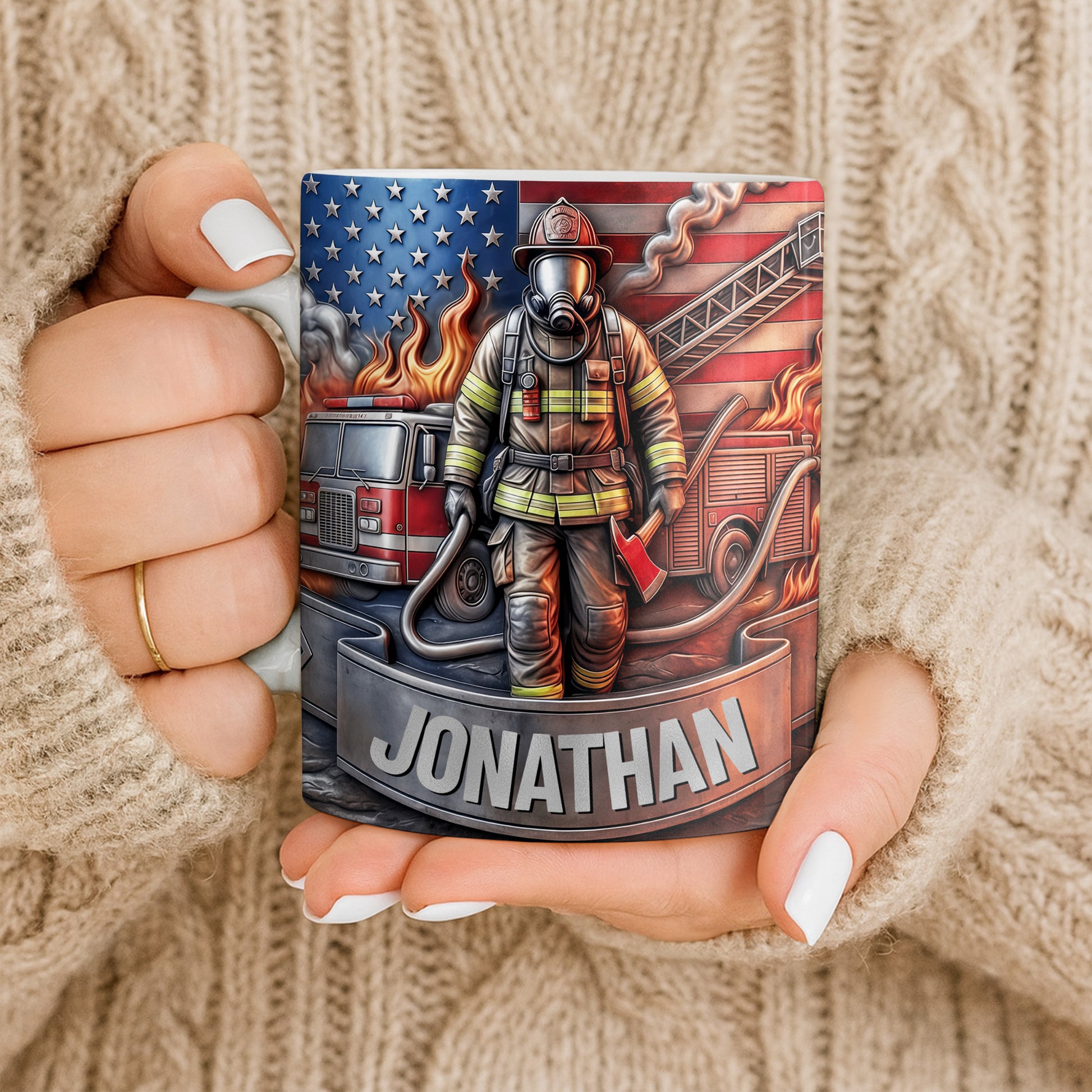 Customizable Firefighter With Fire Truck and American Flag