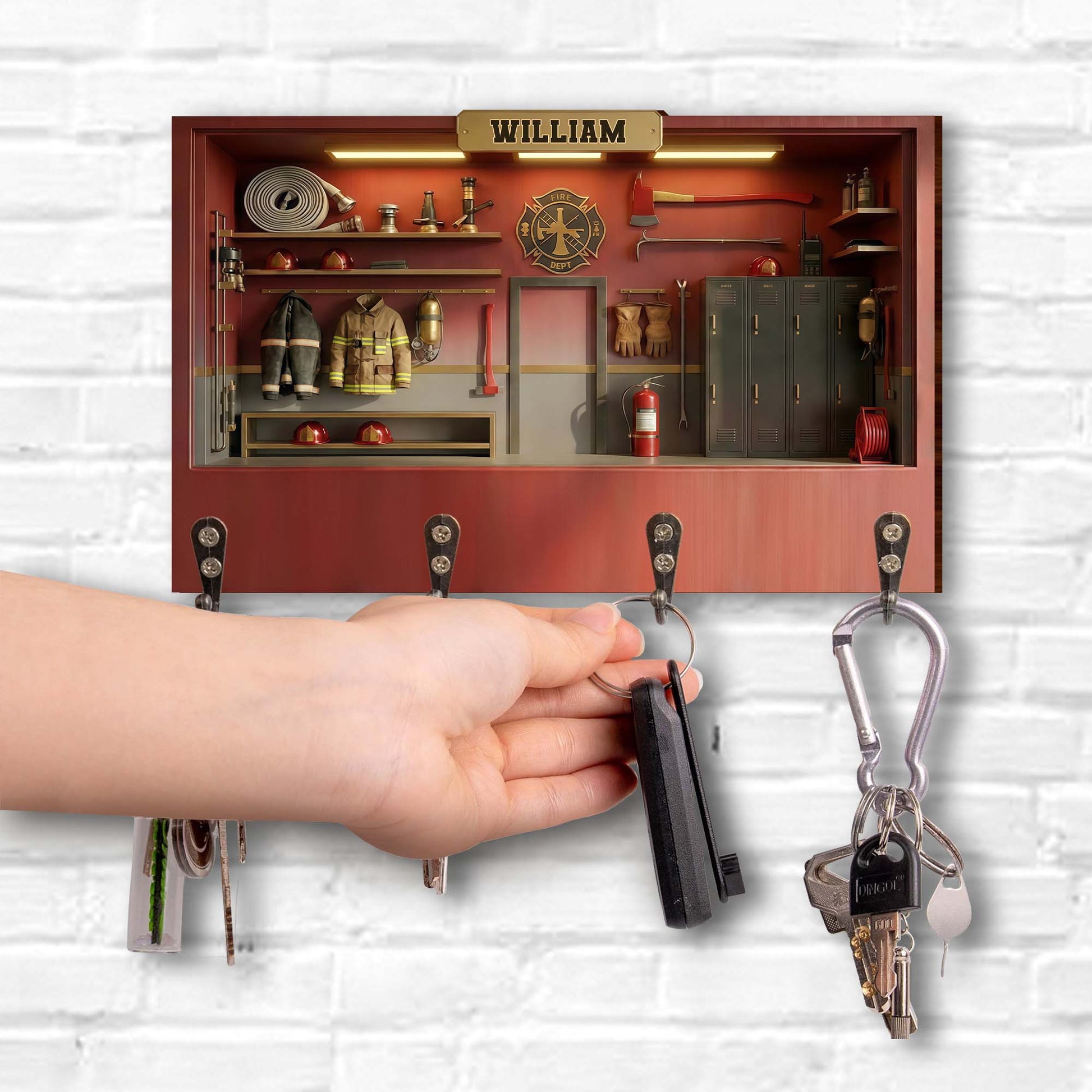 Fire Dept Locker Room Scene With Helmets And Turnout Gear