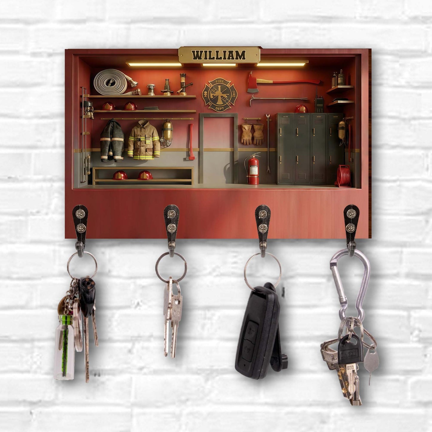 Fire Dept Locker Room Scene With Helmets And Turnout Gear